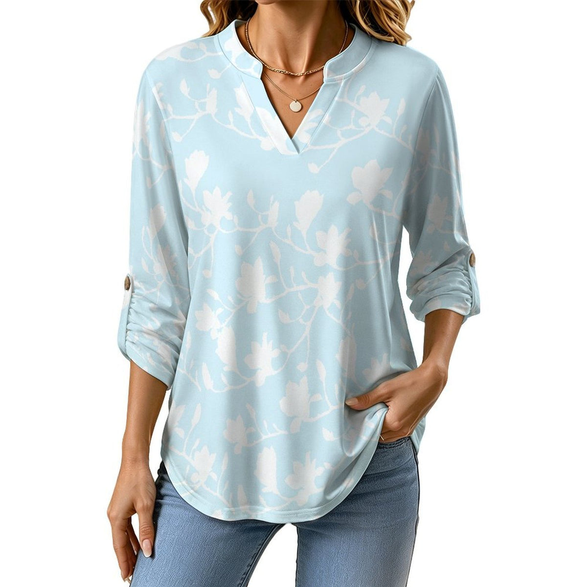 Flowers, Women's Clothing, Repeating Patterns  Versatile Notched V-Neck Tunic | Roll Tab 3/4 Sleeve Office Casual Top