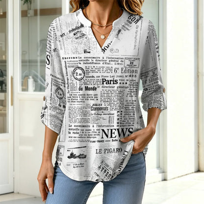 Stand-up Collar Long-sleeved Shirt Newspaper Vintage Dress white S Women’s V-Neck Blouses