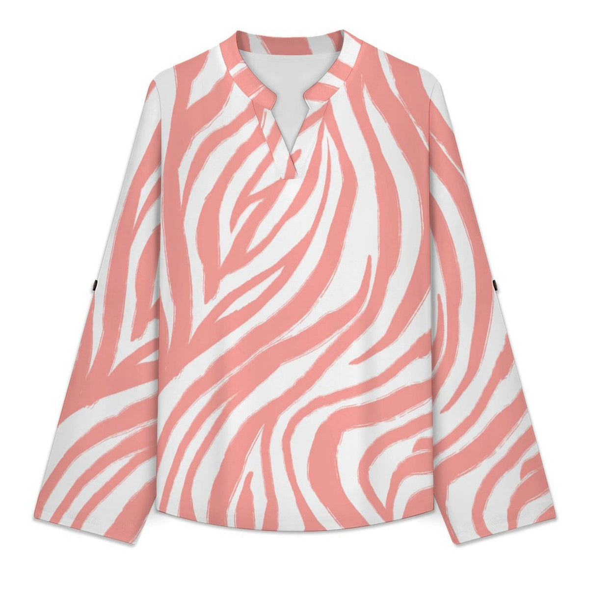 Versatile Notched V-Neck Tunic | Roll Tab 3/4 Sleeve Office Casual Top  Zebra Pattern, Repeating Pattern
