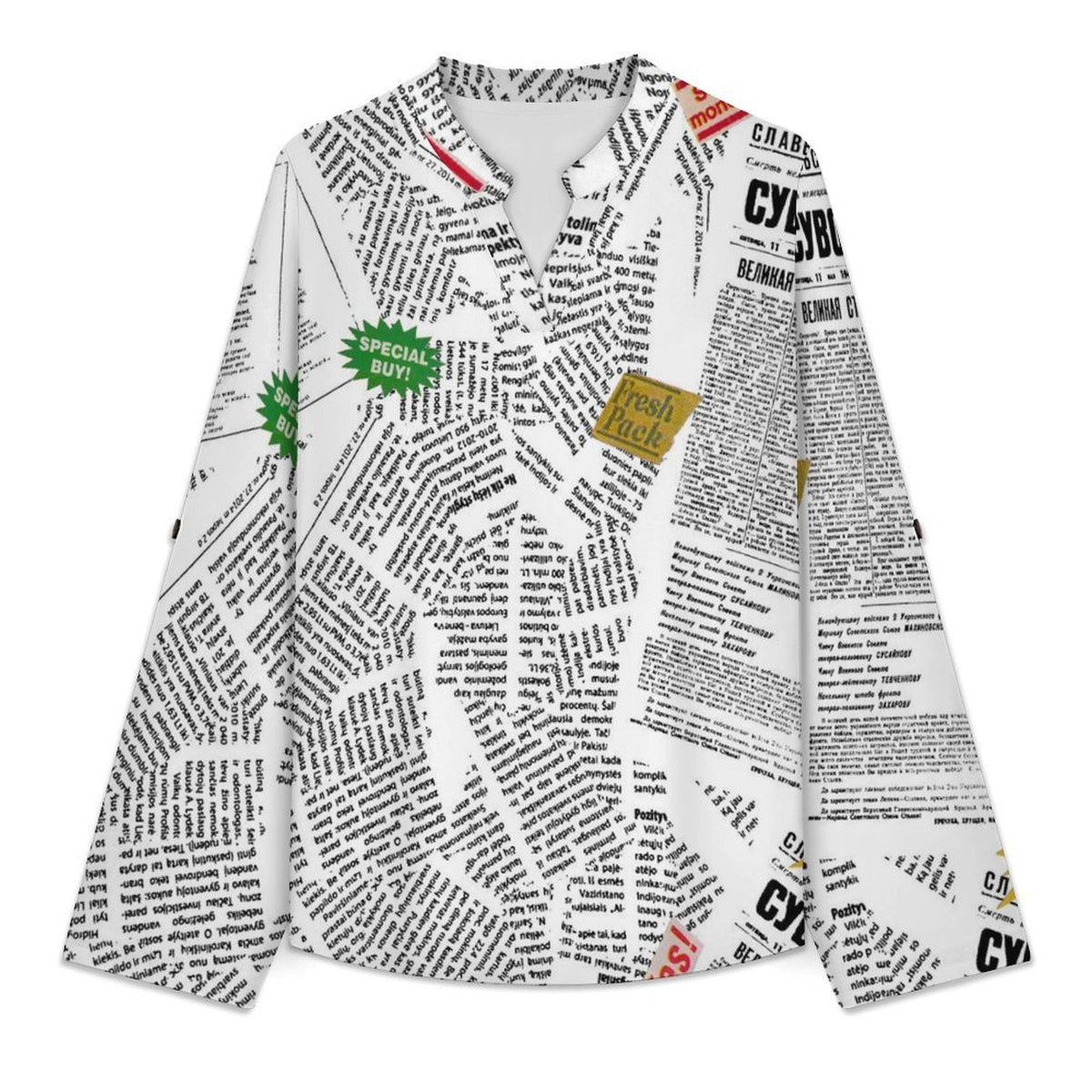 Versatile Notched V-Neck Tunic | Roll Tab 3/4 Sleeve Office Casual Top  Newspaper