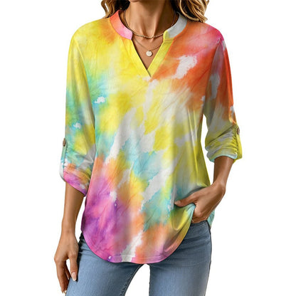 Tie Dyed Pattern Roll Tab 3/4 Sleeve Notched V Neck Tunic Blouse