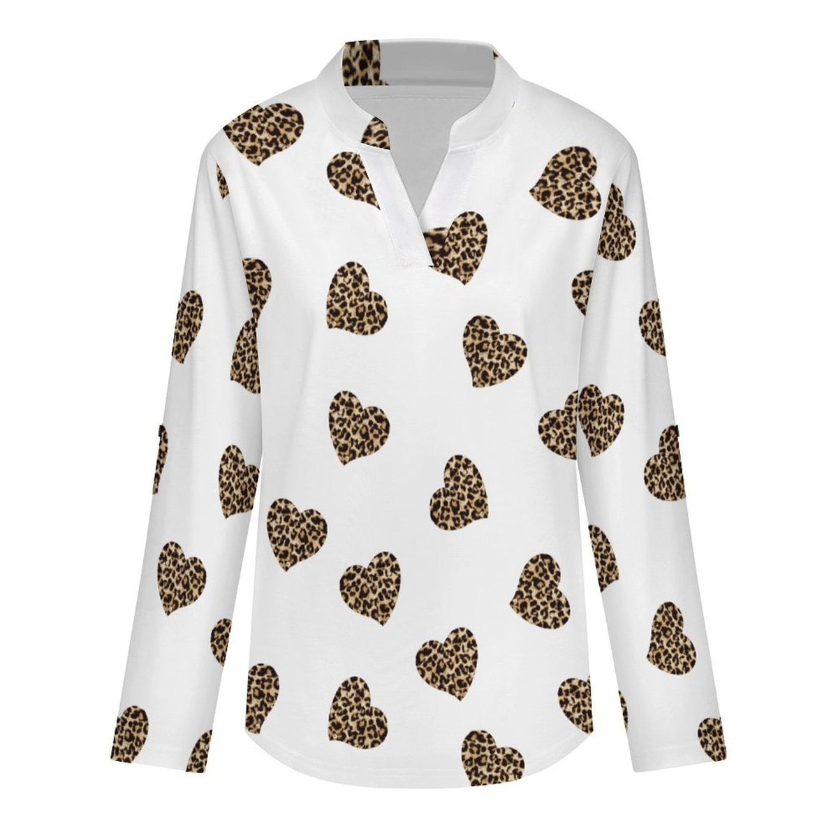 Peach Heart Leopard Grain  Versatile Notched V-Neck Tunic | Roll Tab 3/4 Sleeve Office Casual Top