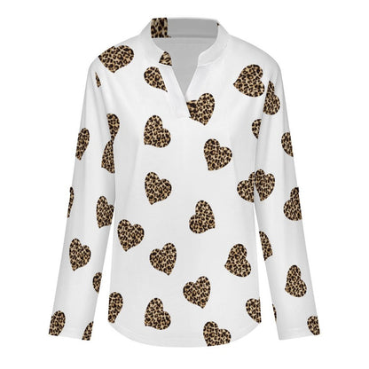 Peach Heart Leopard Grain  Versatile Notched V-Neck Tunic | Roll Tab 3/4 Sleeve Office Casual Top