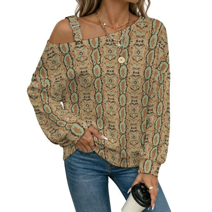 Fall Casual Asymmetric Shoulder Knit Top with Buckle Detail Snakeskin Pattern, Repeating Pattern
