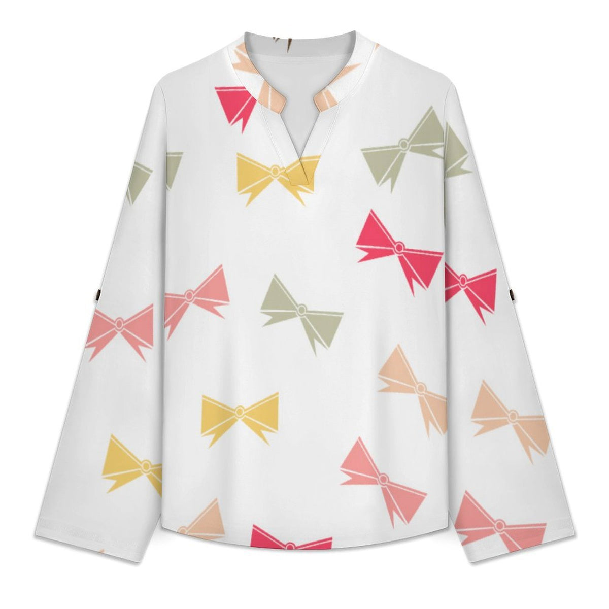 Colored Bow Roll Tab 3/4 Sleeve Notched V Neck Tunic Blouse