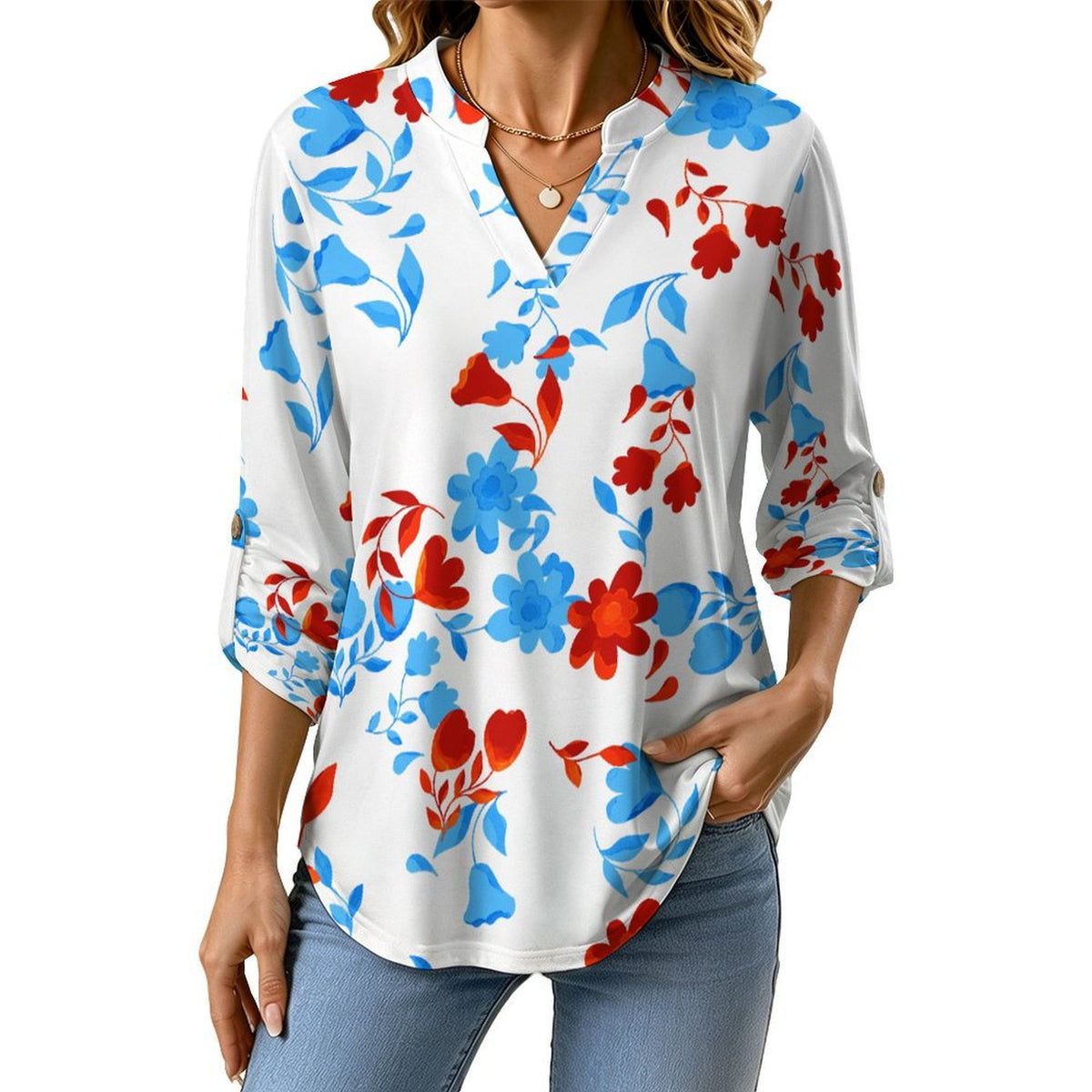 Flower, Repeating Pattern  Versatile Notched V-Neck Tunic | Roll Tab 3/4 Sleeve Office Casual Top