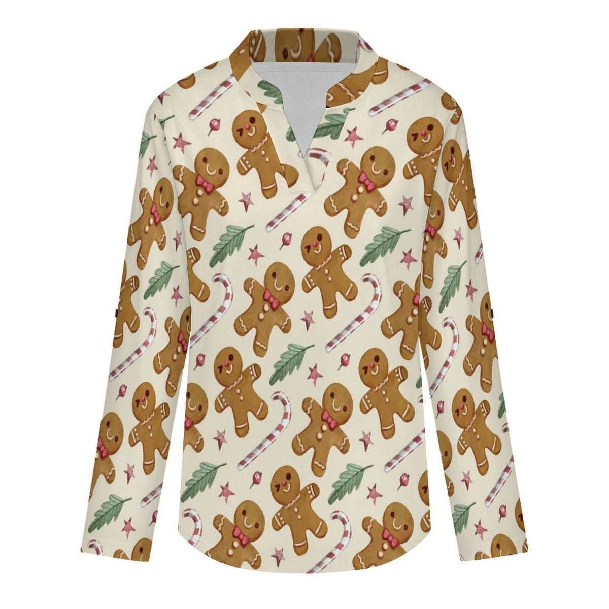 Roll Tab 3/4 Sleeve Notched V Neck Tunic Blouse  Christmas Pattern
