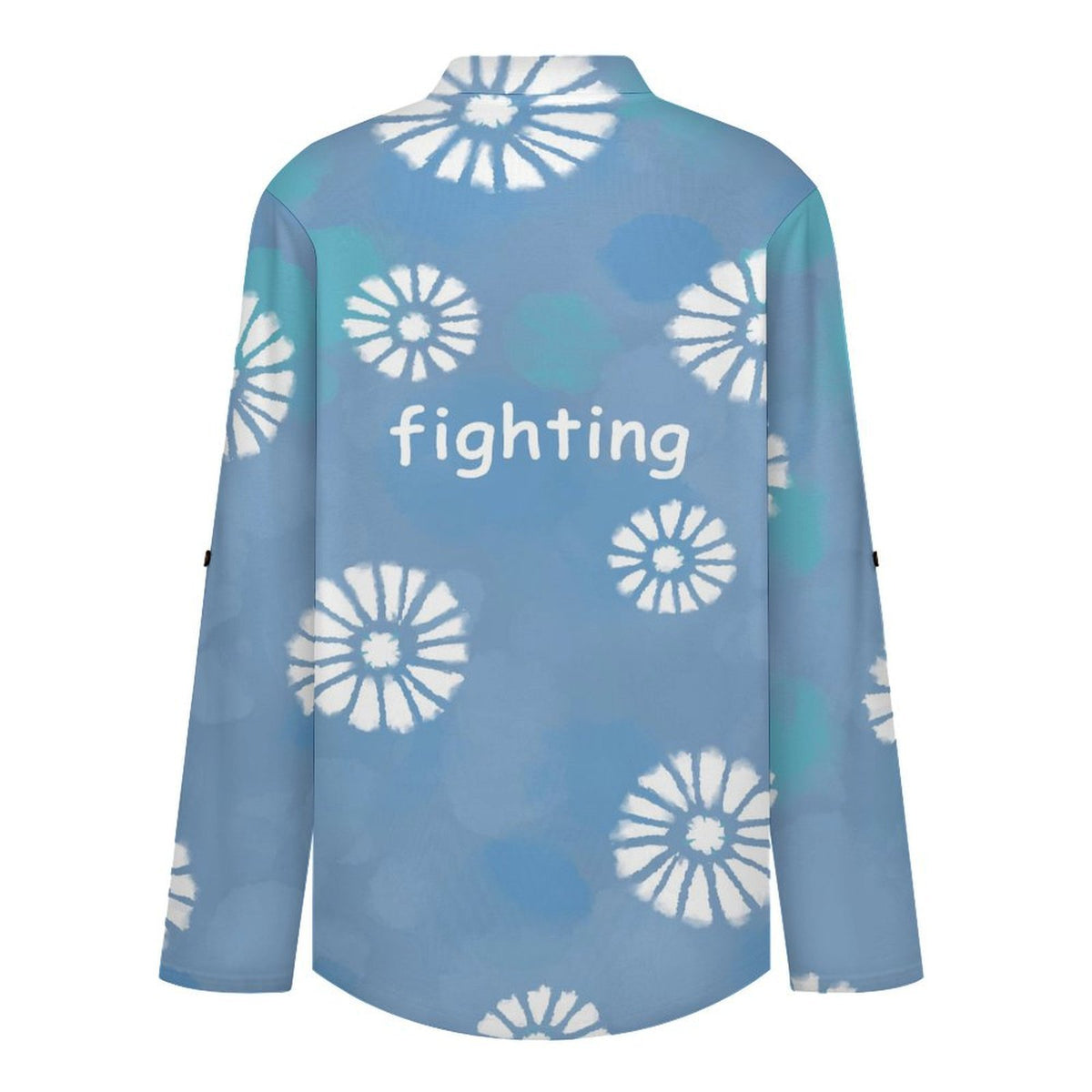 Women's Notched V Neck Tunic Tops, Roll Up 3/4 Sleeve Button Cuff Casual Blouse, Hem Loose Work Shirts  Tie-dyed Blue Daisy
