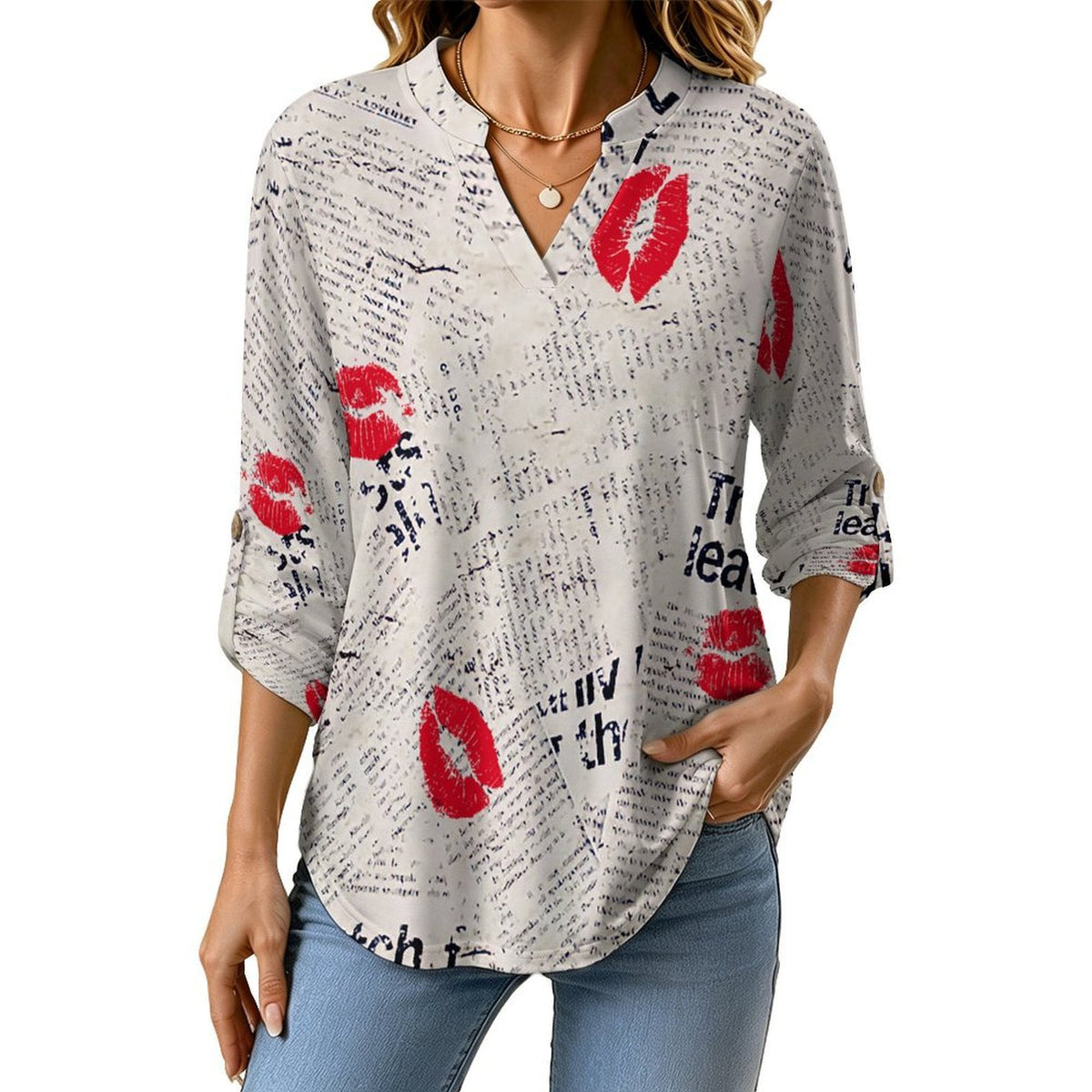 Newspaper Red Lip Print Blue Letters Roll Tab 3/4 Sleeve Notched V Neck Tunic Blouse