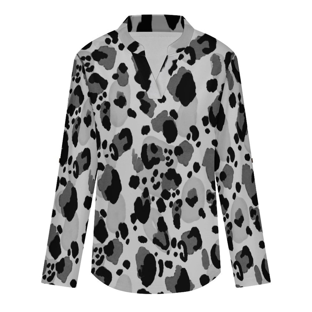 Versatile Notched V-Neck Tunic  Roll Tab 3/4 Sleeve Office Casual Top  Leopard Print, Repeating Pattern