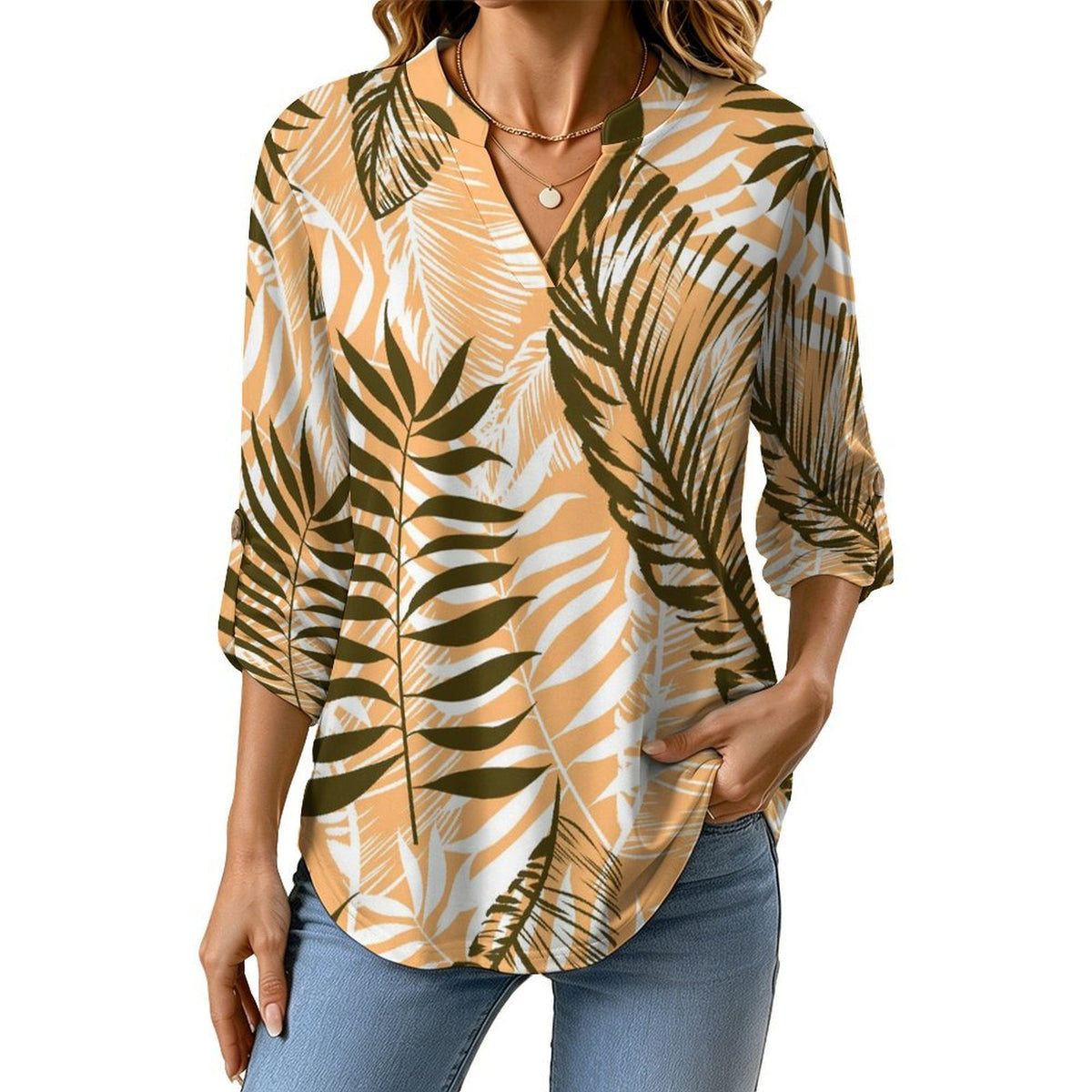 Stand-up Collar Long-sleeved Shirt Summer-flower-blue-yellow-full Print-T-shirt-phone Case white S Women’s V-Neck Blouses