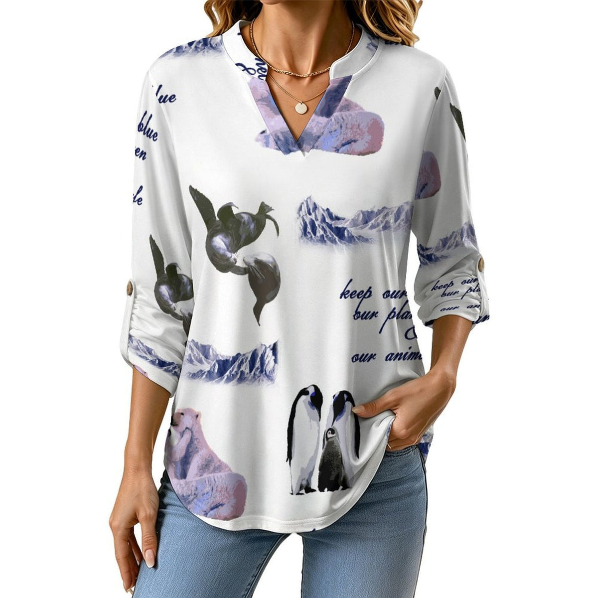 Eco-friendly, Arctic, Repeating Patterns  Versatile Notched V-Neck Tunic | Roll Tab 3/4 Sleeve Office Casual Top