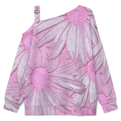 Pink Flowers Buckle Strap Asymmetrical Off Shoulder Knit Sweater