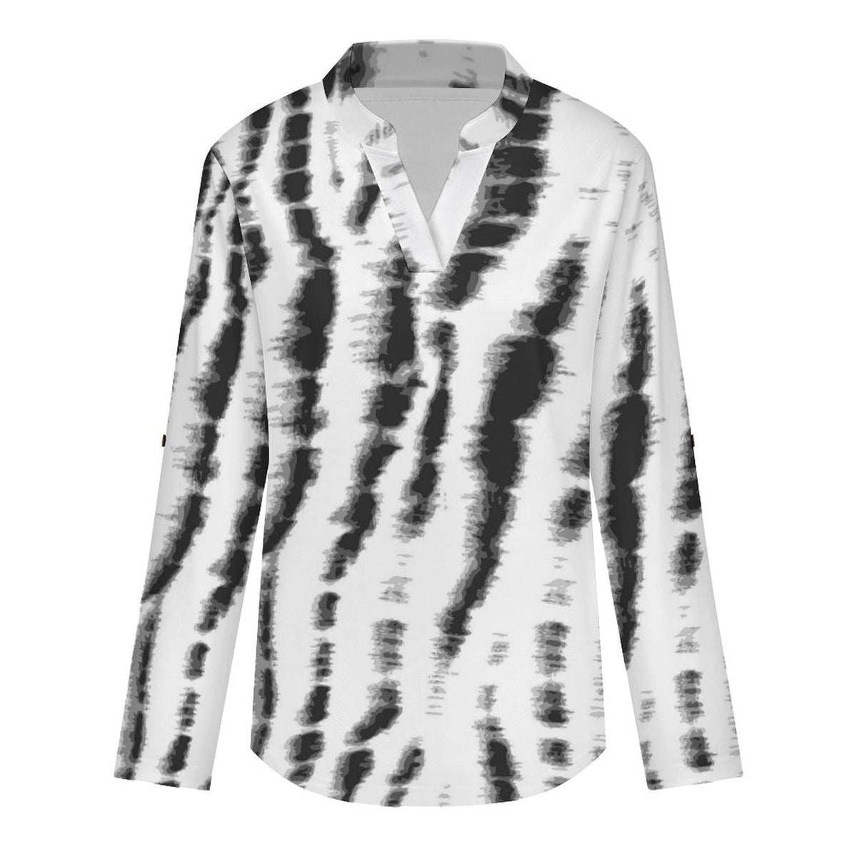 Versatile Notched V-Neck Tunic  Roll Tab 3/4 Sleeve Office Casual Top  Tie-dyed Fabric3