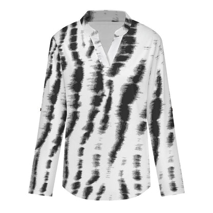 Versatile Notched V-Neck Tunic  Roll Tab 3/4 Sleeve Office Casual Top  Tie-dyed Fabric3