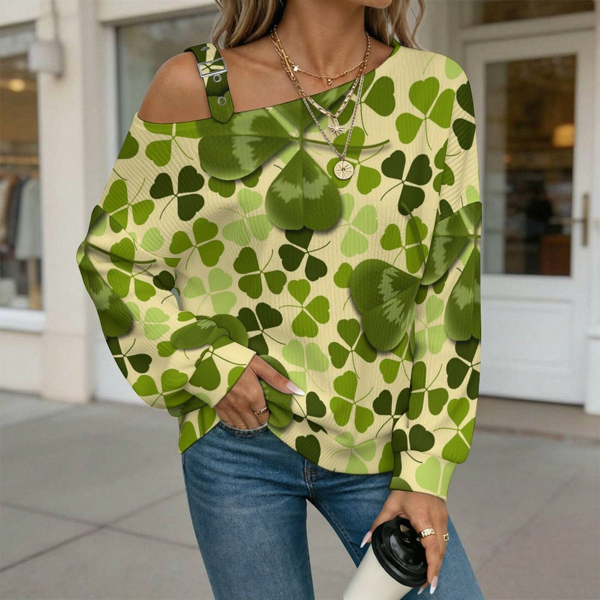 St Patrick, Clover, Green Buckle Strap Asymmetrical Off Shoulder Knit Sweater