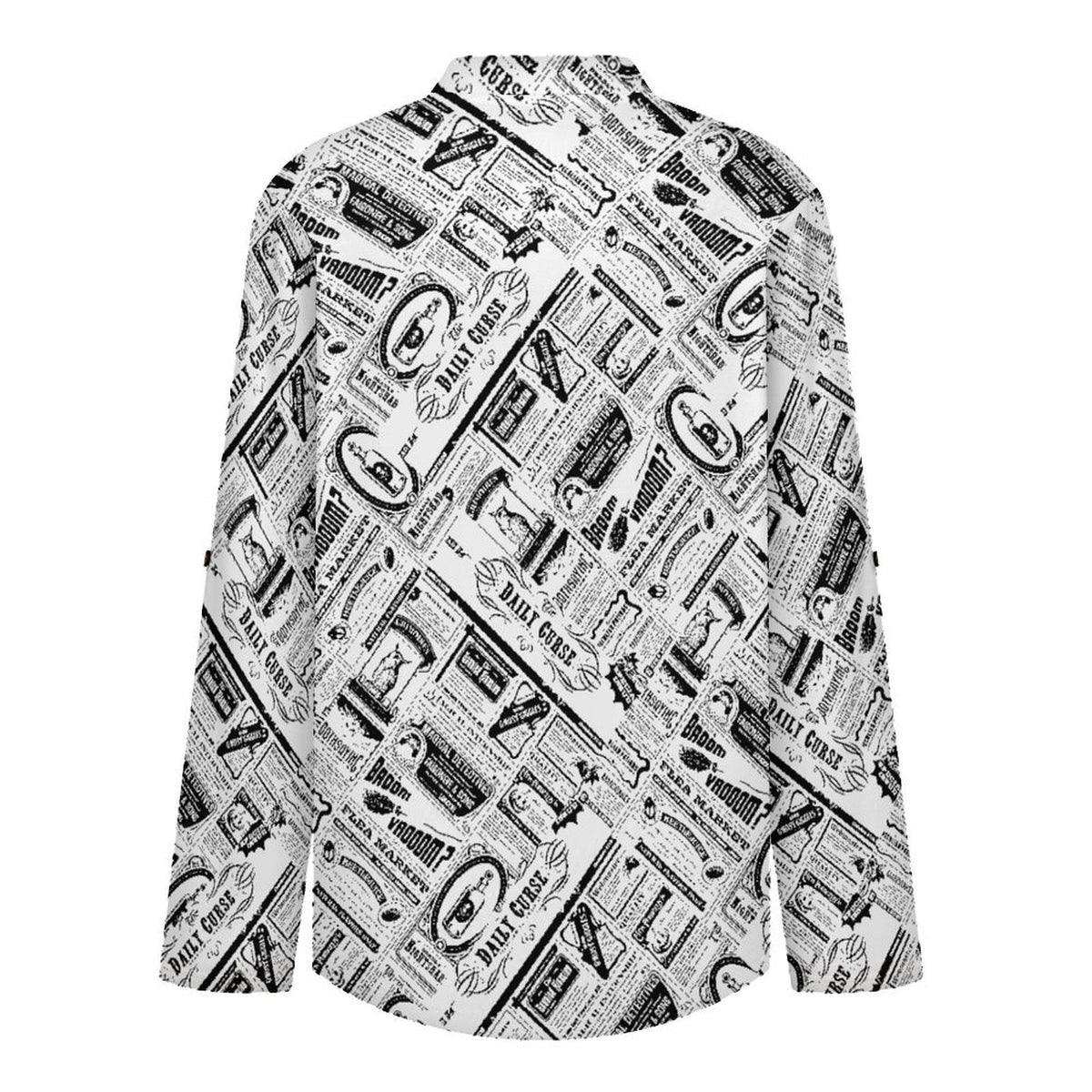 Stand-up Collar Long-sleeved Shirt Newspaper Vintage Dress white S Women’s V-Neck Blouses