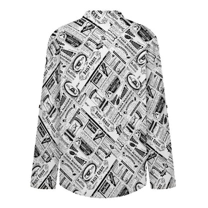 Stand-up Collar Long-sleeved Shirt Newspaper Vintage Dress white S Women’s V-Neck Blouses