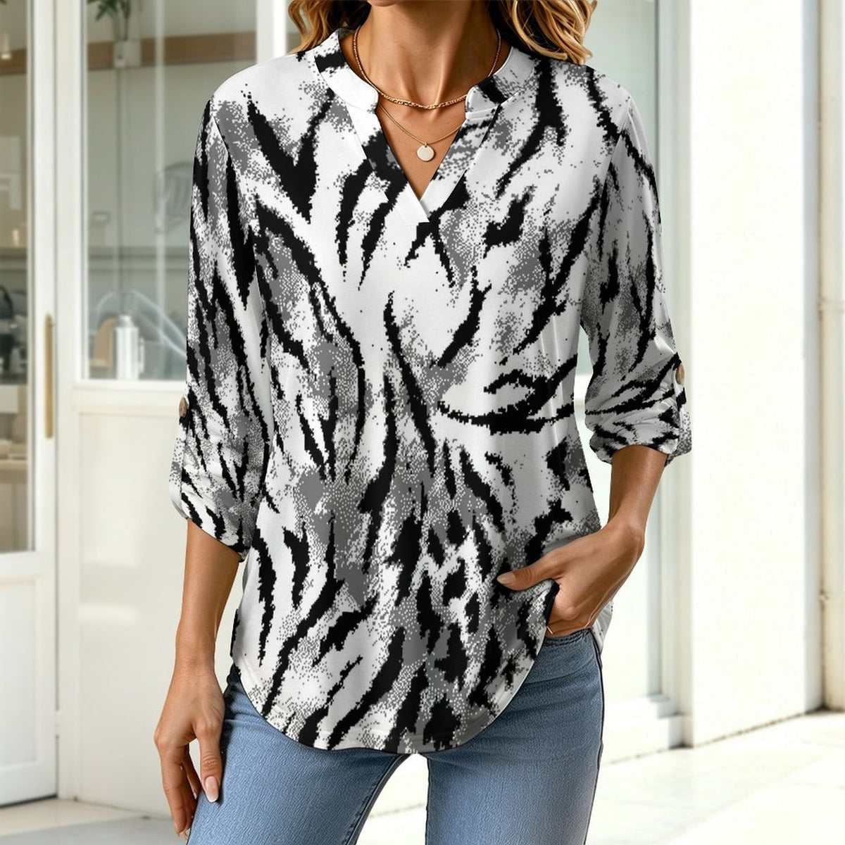 Black And White Zebra Print Roll Tab 3/4 Sleeve Notched V Neck Tunic Blouse