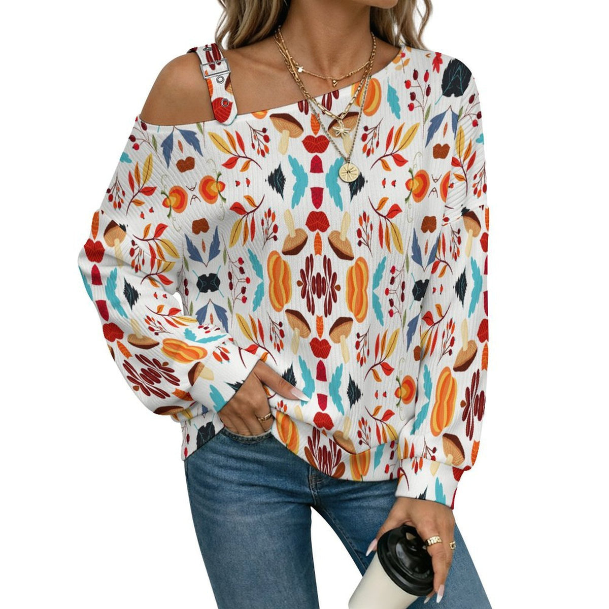Off-the-shoulder SweaterHarvest, Autumn, Mushrooms, Patterns Women’s Off-Shoulder Knit Sweater