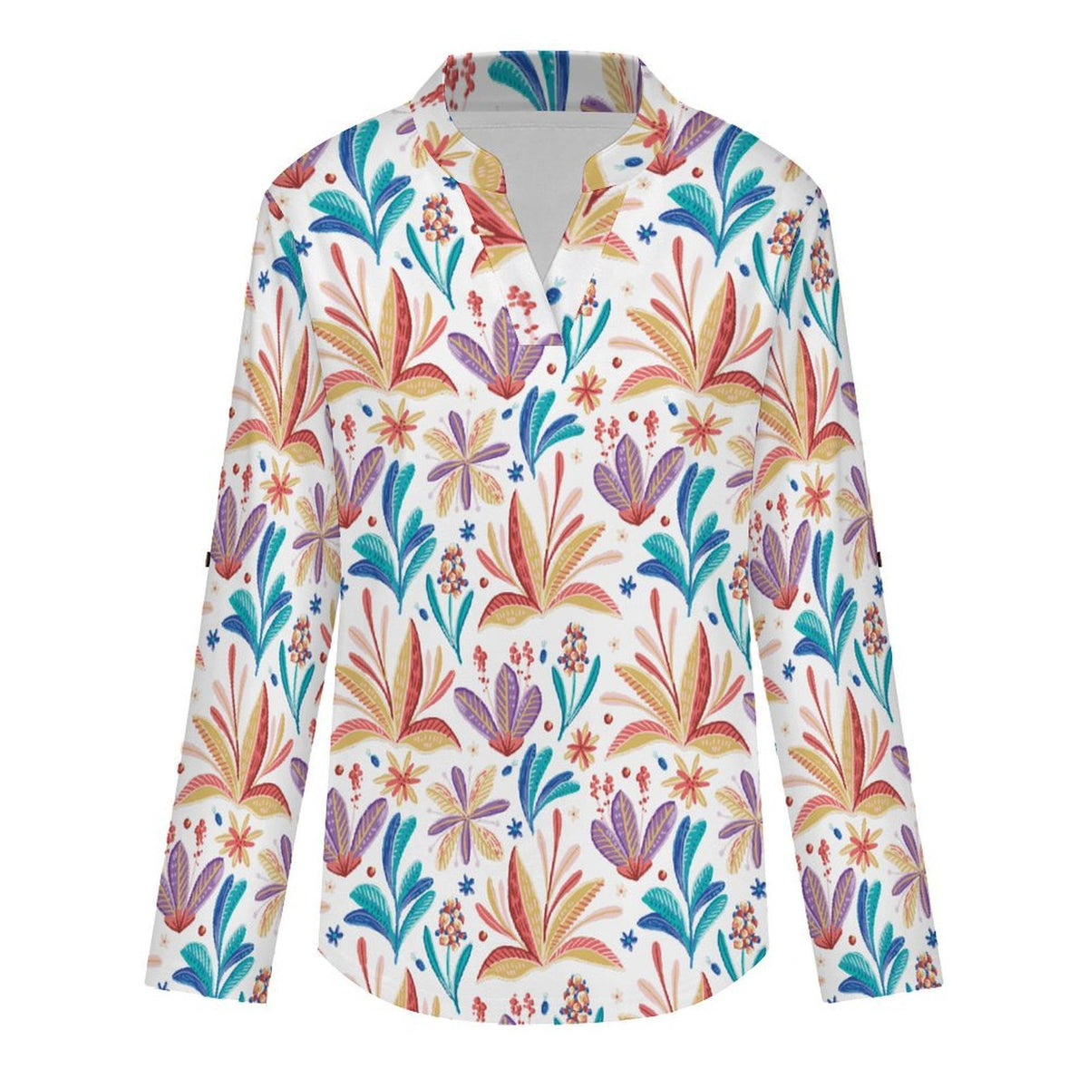 Repeat Patterned Flower Plants  Versatile Notched V-Neck Tunic | Roll Tab 3/4 Sleeve Office Casual Top