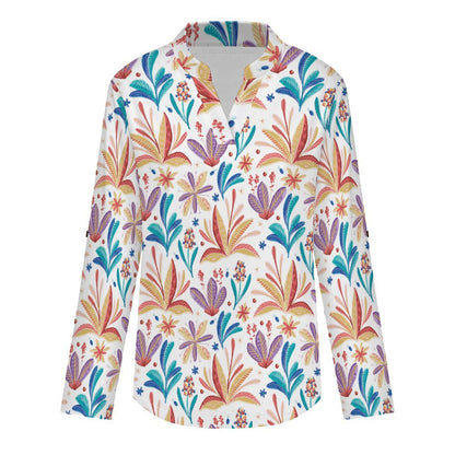 Repeat Patterned Flower Plants  Versatile Notched V-Neck Tunic | Roll Tab 3/4 Sleeve Office Casual Top