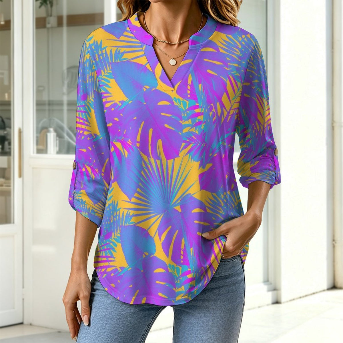 Stand-up Collar Long-sleeved Shirt Plant Summer white S Women’s V-Neck Blouses