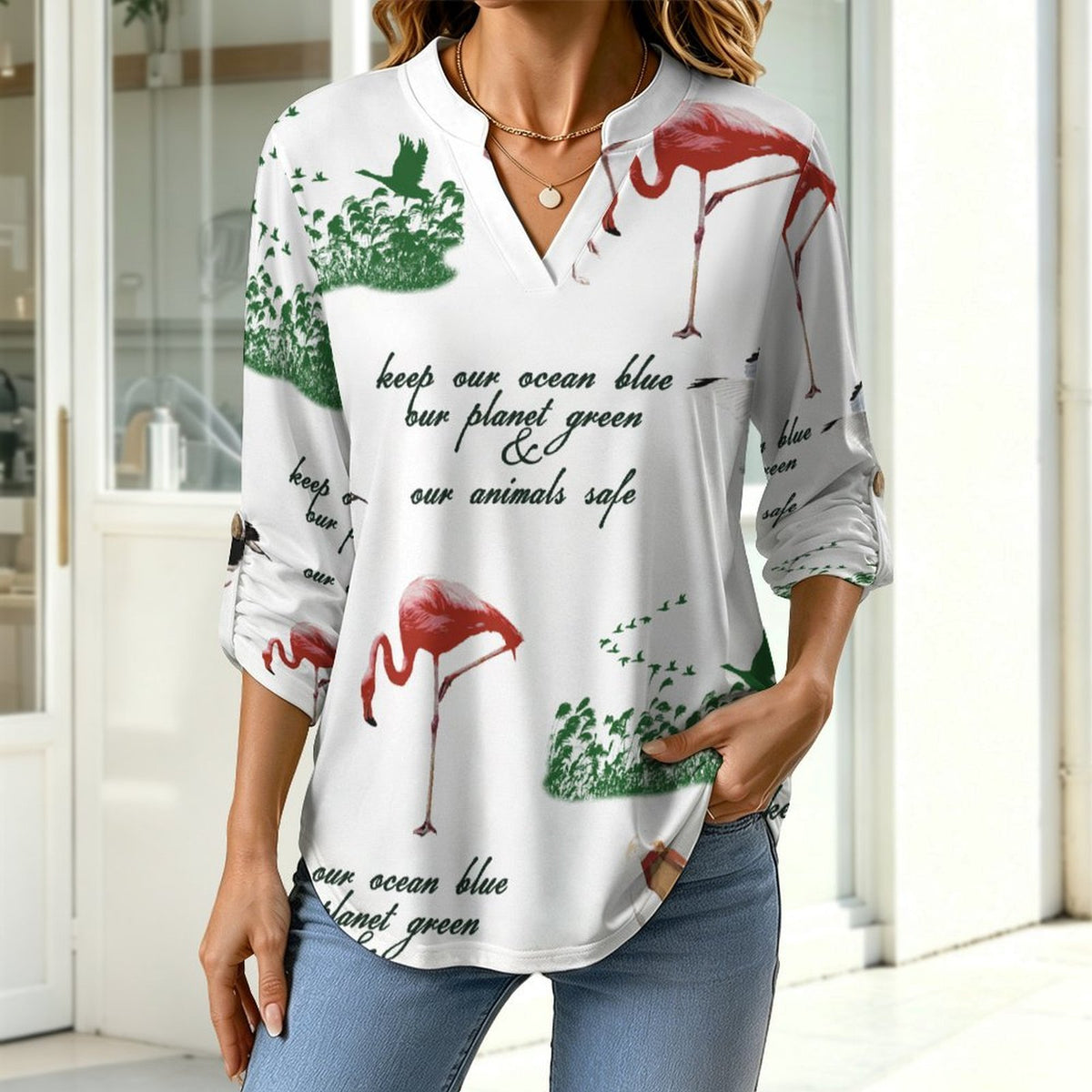 Environmental Protection, Wetland, Repeating Patterns  Versatile Notched V-Neck Tunic | Roll Tab 3/4 Sleeve Office Casual Top