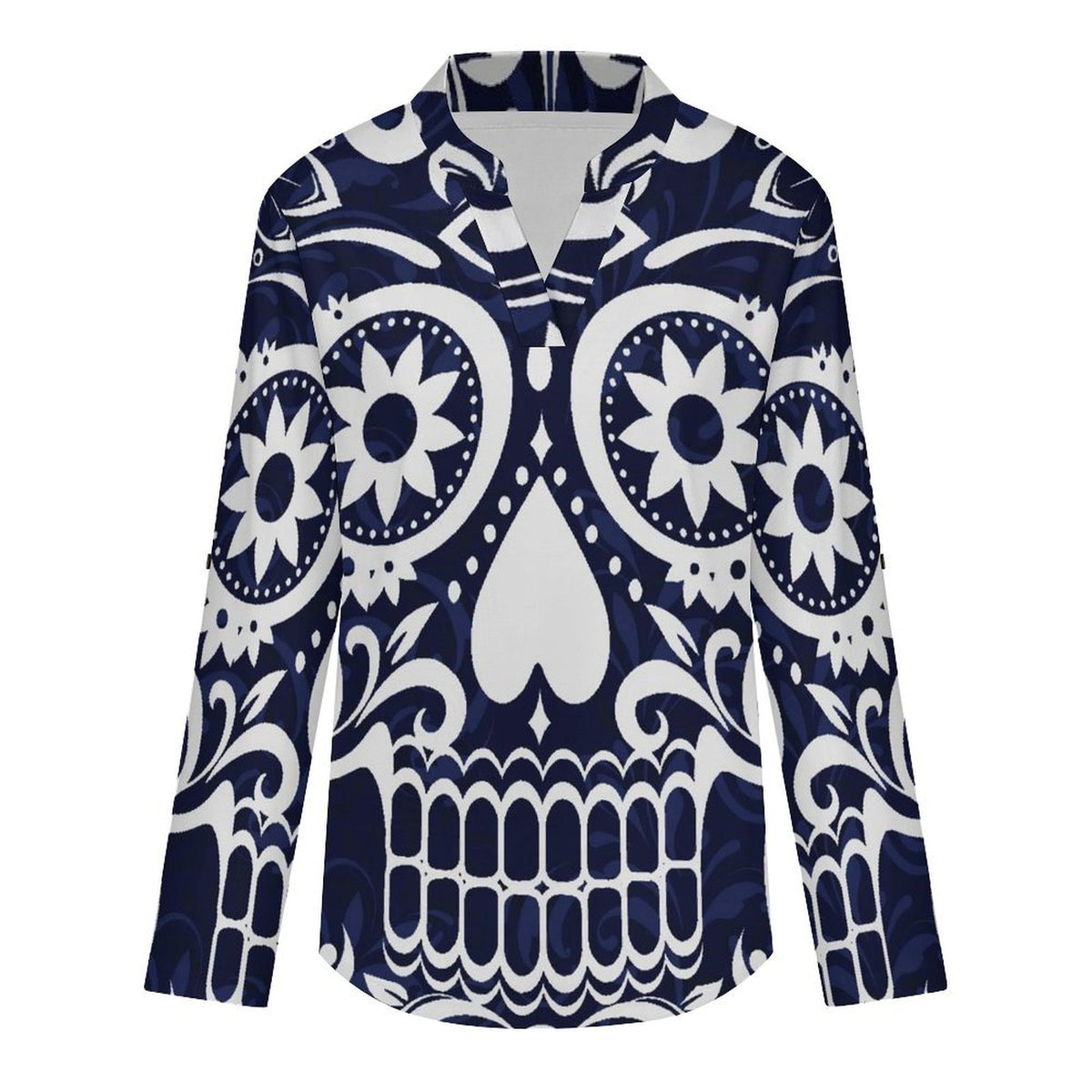 Skul,folk-customl  Versatile Notched V-Neck Tunic | Roll Tab 3/4 Sleeve Office Casual Top