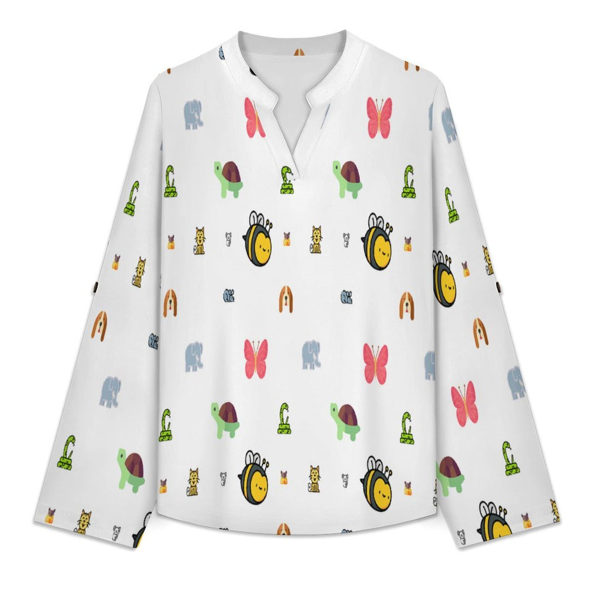 Versatile Notched V-Neck Tunic  Roll Tab 3/4 Sleeve Office Casual Top  Animal, Bee, Cartoon