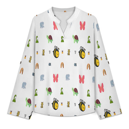 Versatile Notched V-Neck Tunic  Roll Tab 3/4 Sleeve Office Casual Top  Animal, Bee, Cartoon