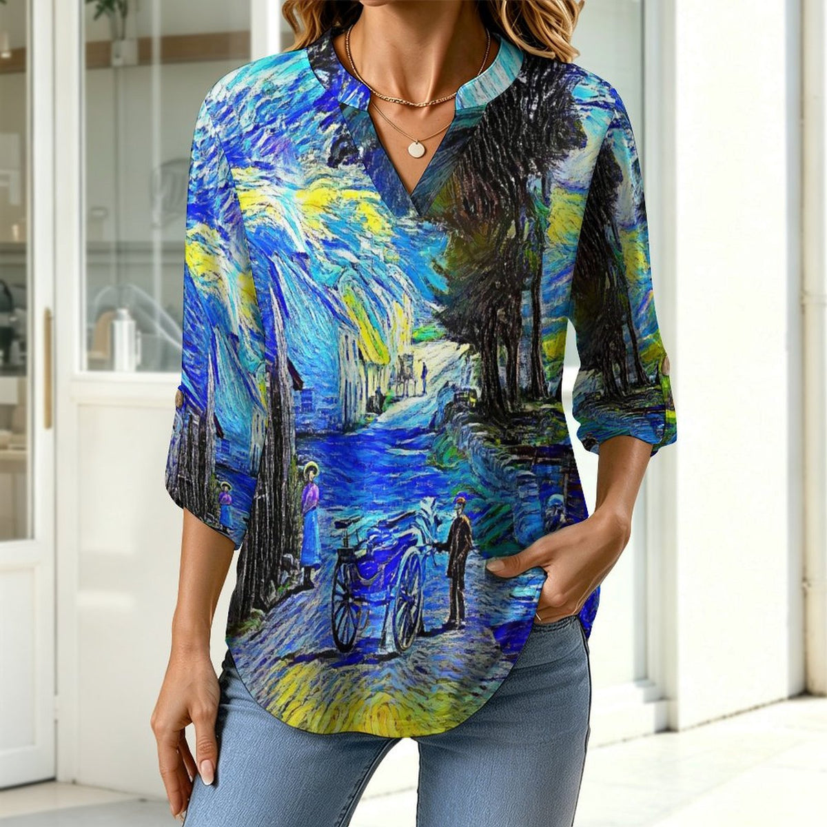 Blue Ink Painting, Town  Versatile Notched V-Neck Tunic | Roll Tab 3/4 Sleeve Office Casual Top
