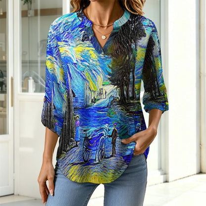 Blue Ink Painting, Town  Versatile Notched V-Neck Tunic | Roll Tab 3/4 Sleeve Office Casual Top