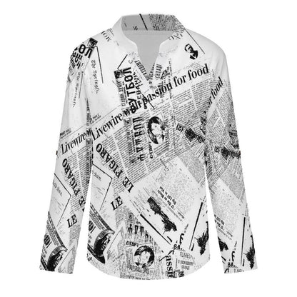 Newspaper Dress  Women Curved Hem V Neck Roll Sleeve Casual Work Top