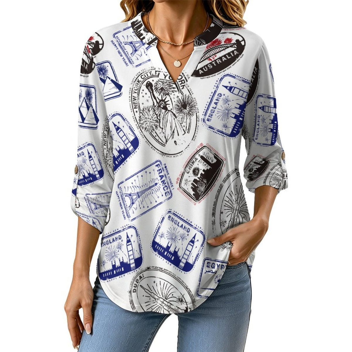 Repeating Patterns, Postmarks, Flags, Blue Stars, Stripes Roll Tab 3/4 Sleeve Notched V Neck Tunic Blouse