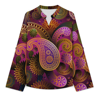 Paisley  Women Curved Hem V Neck Roll Sleeve Casual Work Top