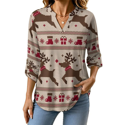 Christmas Pattern  Versatile Notched V-Neck Tunic | Roll Tab 3/4 Sleeve Office Casual Top