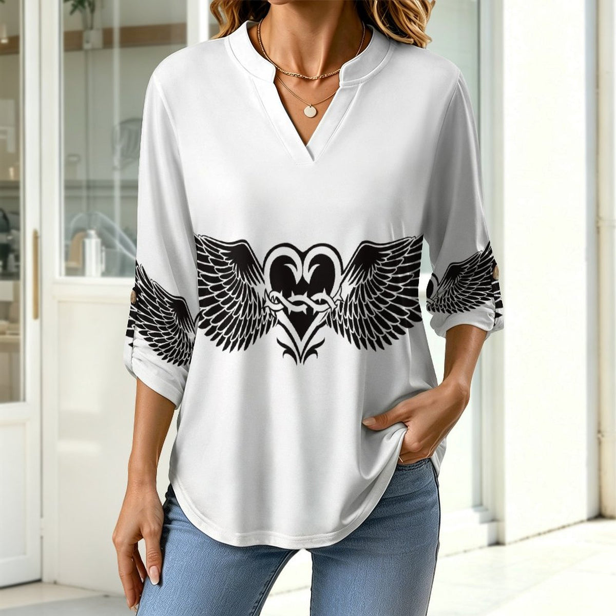 Heart Shape, Wings  Versatile Notched V-Neck Tunic | Roll Tab 3/4 Sleeve Office Casual Top