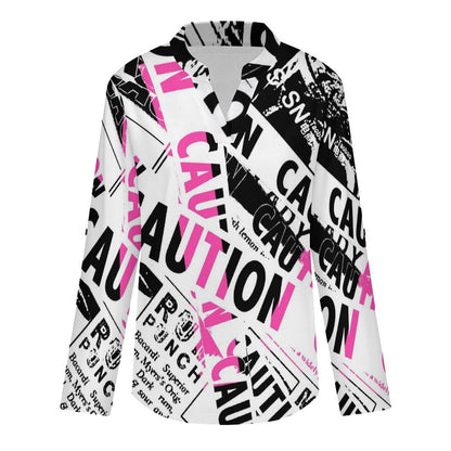 Versatile Notched V-Neck Tunic  Roll Tab 3/4 Sleeve Office Casual Top  Vintage Newspaper