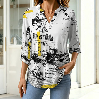 Versatile Notched V-Neck Tunic | Roll Tab 3/4 Sleeve Office Casual Top  Newspaper Girls T-shirt
