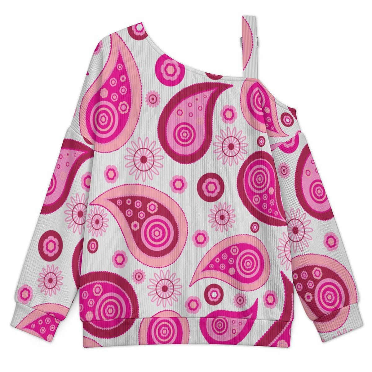Fall Casual Asymmetric Shoulder Knit Top with Buckle Detail Pink Paisley Pattern