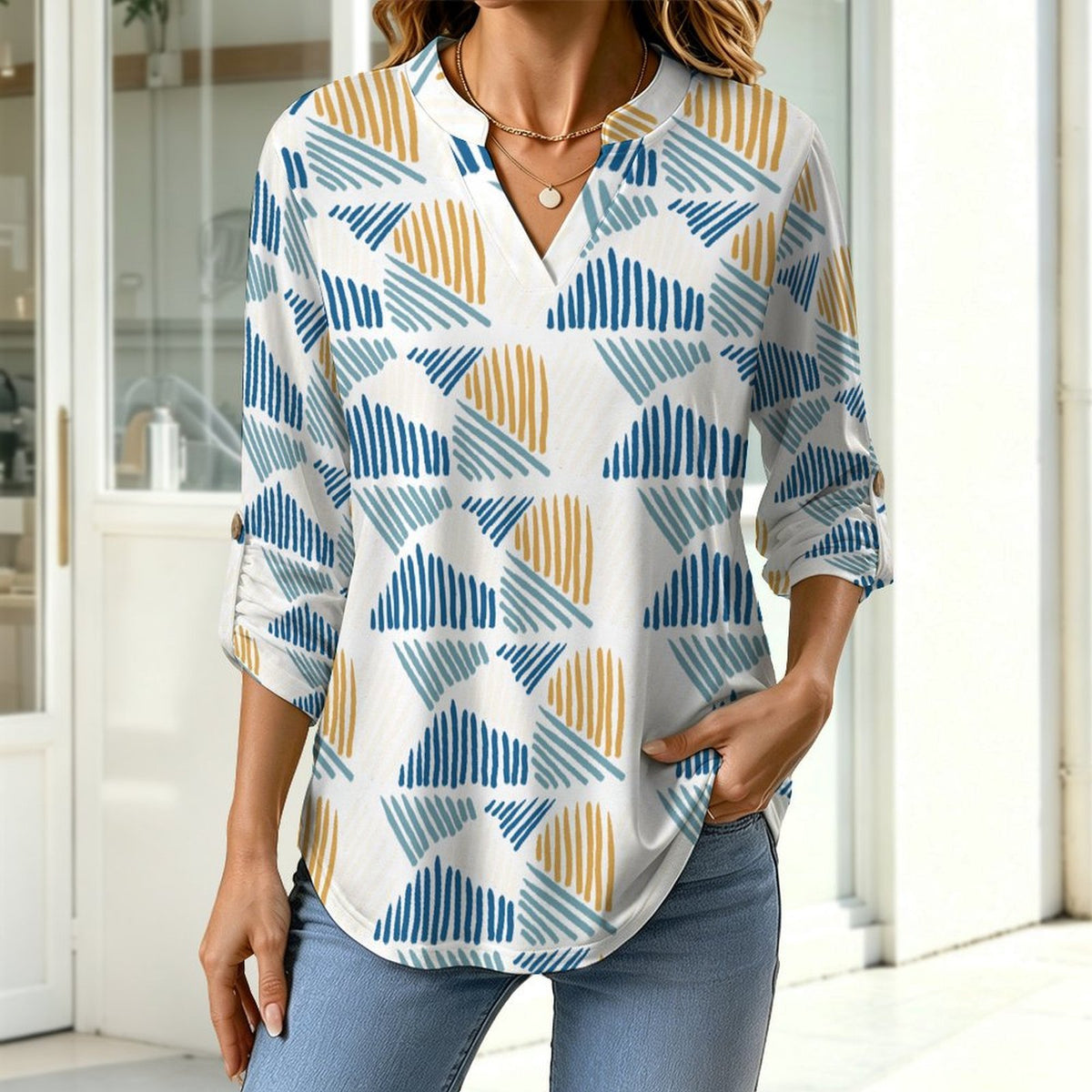 Floral, Repeating Pattern  Versatile Notched V-Neck Tunic | Roll Tab 3/4 Sleeve Office Casual Top
