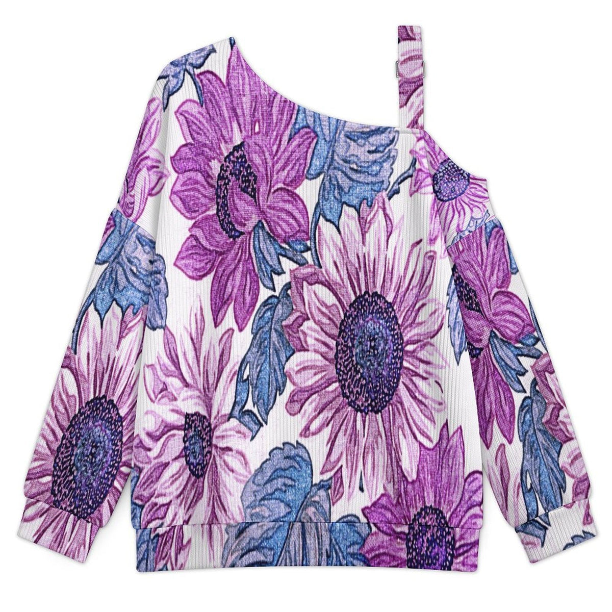 Fall Casual Asymmetric Shoulder Knit Top with Buckle Detail Purple Flowers