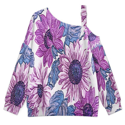 Fall Casual Asymmetric Shoulder Knit Top with Buckle Detail Purple Flowers