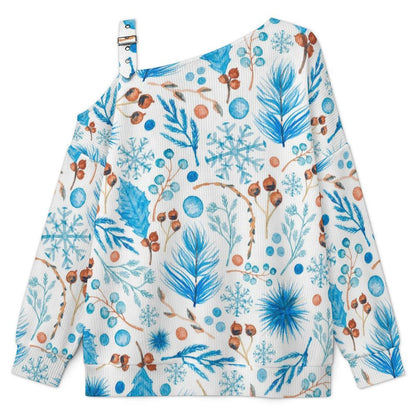 Buckle Strap Asymmetrical Off Shoulder Knit Sweater Blue Leaves And Fruits
