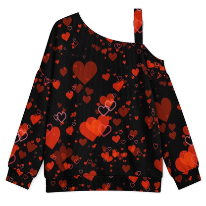 Buckle Strap Asymmetrical Off Shoulder Knit Sweater Red Heart Black Background Love