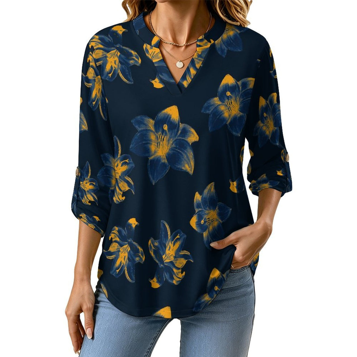 Flower Pattern  Versatile Notched V-Neck Tunic | Roll Tab 3/4 Sleeve Office Casual Top
