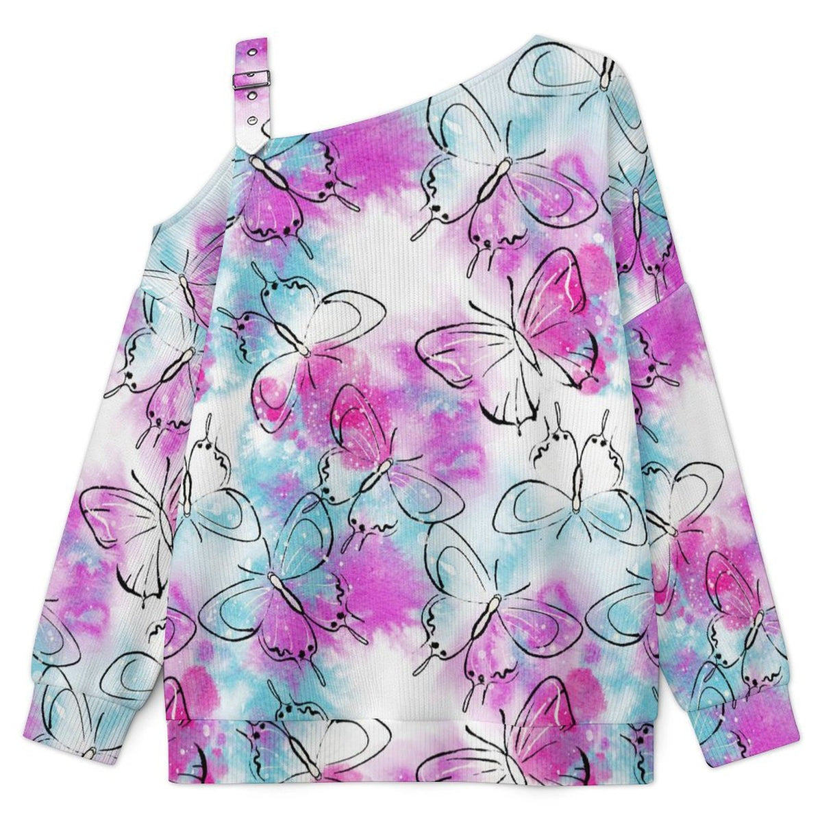 Long Sleeve Relaxed-Fit Solid Pullover Watercolor Butterfly