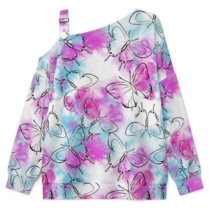 Long Sleeve Relaxed-Fit Solid Pullover Watercolor Butterfly