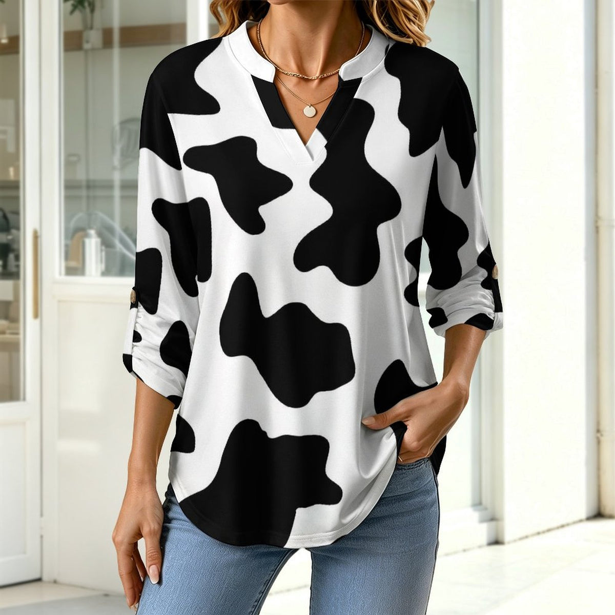 Versatile Notched V-Neck Tunic | Roll Tab 3/4 Sleeve Office Casual Top  Black And White, Cow Pattern